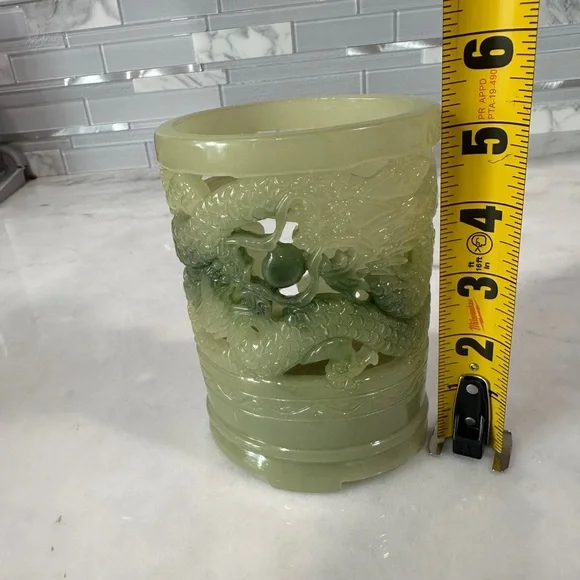 Chinese Carved Imitation Jadeite Candle / Pen Holder – Dragon Motif - Picture 8 of 9